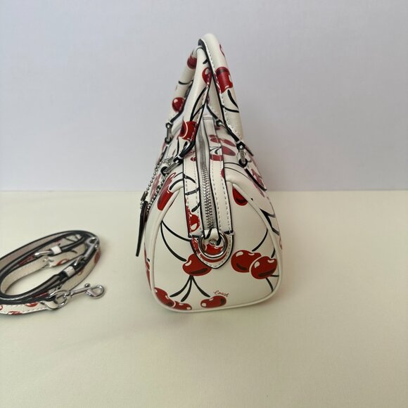 Coach Rowan Cherry Print Boston Bag | White Girlish Tote/Crossbody Bucket Bag - Picture 4 of 10
